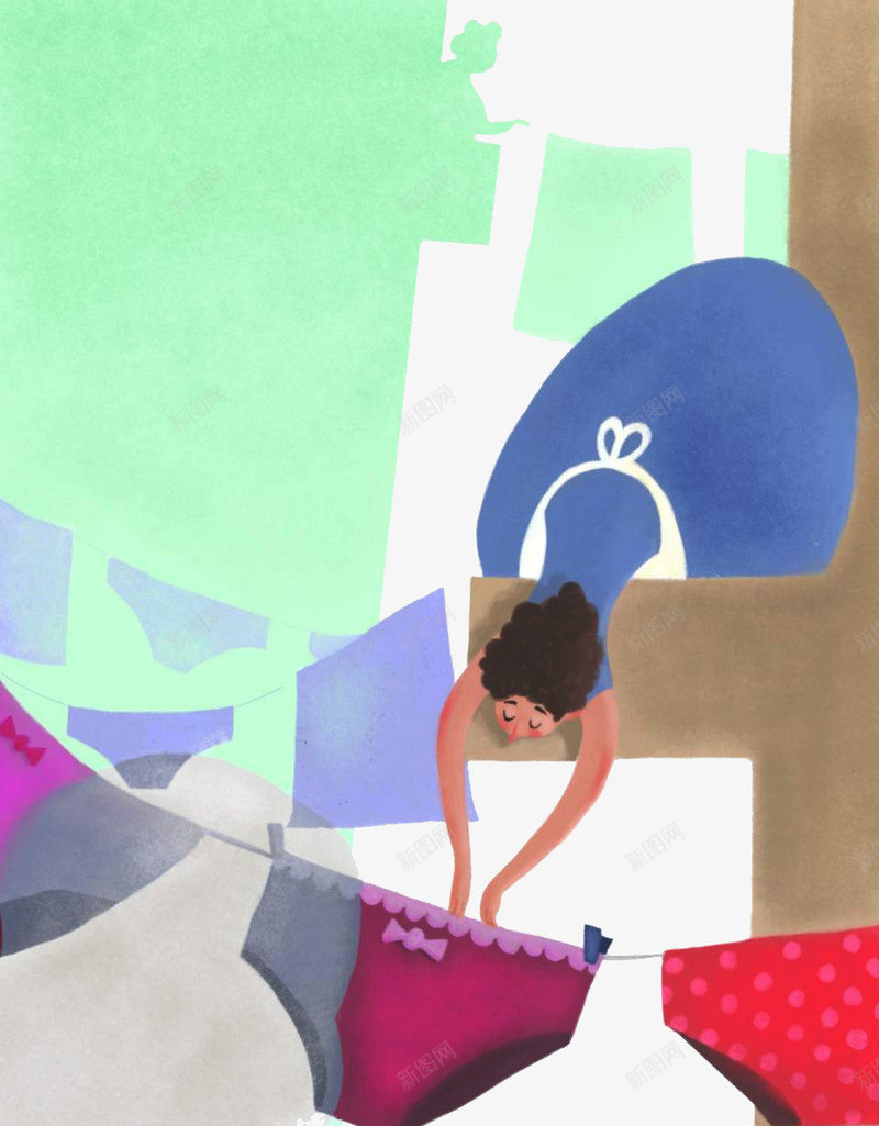 手绘晒衣服的女人png免抠素材_新图网 https://ixintu.com 创意设计 卡片封面 手绘插画