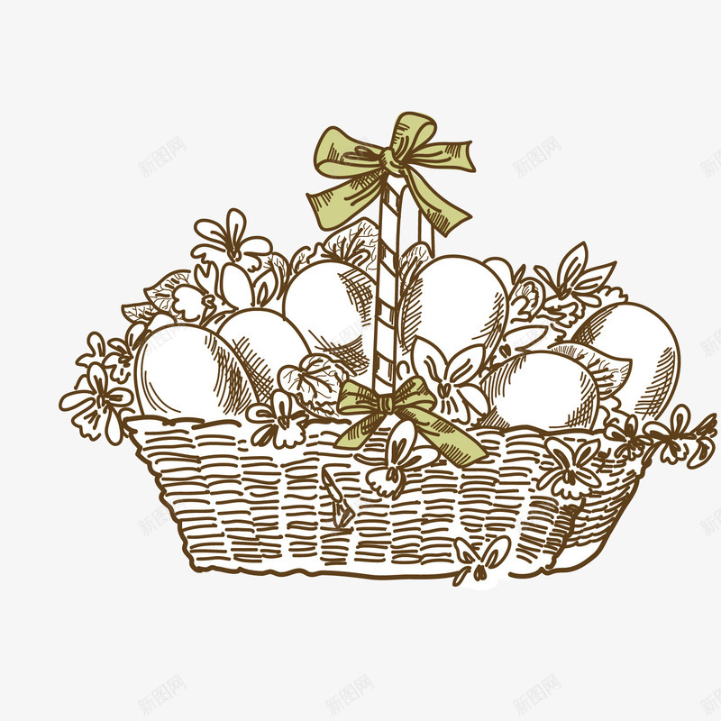 手绘线描编制花篮png免抠素材_新图网 https://ixintu.com 插画 篮子 篮子里的鸡蛋 线描 绘画 蝴蝶结 鸡蛋