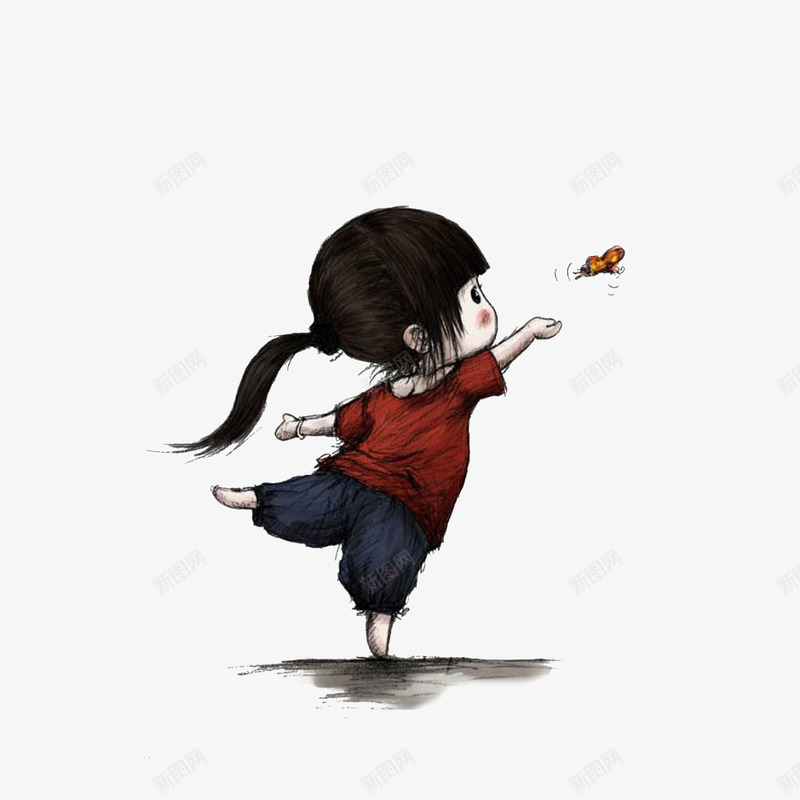 追赶蝴蝶的小女孩psd免抠素材_新图网 https://ixintu.com 单脚站立 卡通手绘 女孩追赶蝴蝶 追赶的人