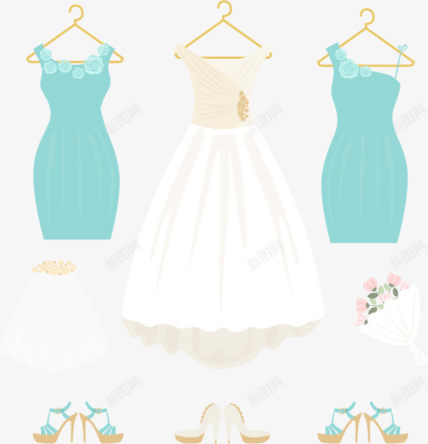 白色婚纱和伴娘服png免抠素材_新图网 https://ixintu.com 白色婚纱和伴娘服矢量素材下载夏季婚纱伴娘服捧花婚礼高跟鞋头纱矢量图