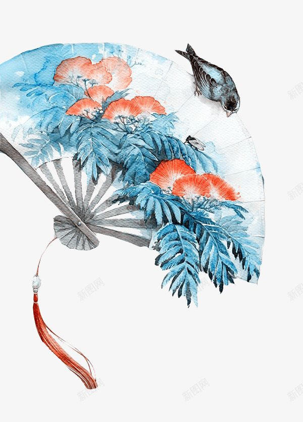 蓝色古风小鸟扇子png免抠素材_新图网 https://ixintu.com 免抠 古风 小鸟 扇子 素材 蓝色