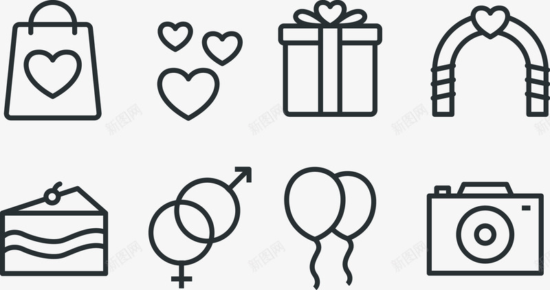 婚礼用品png免抠素材_新图网 https://ixintu.com 奶油蛋糕 气球 爱心 相机 砖石戒指 礼物盒 礼物袋