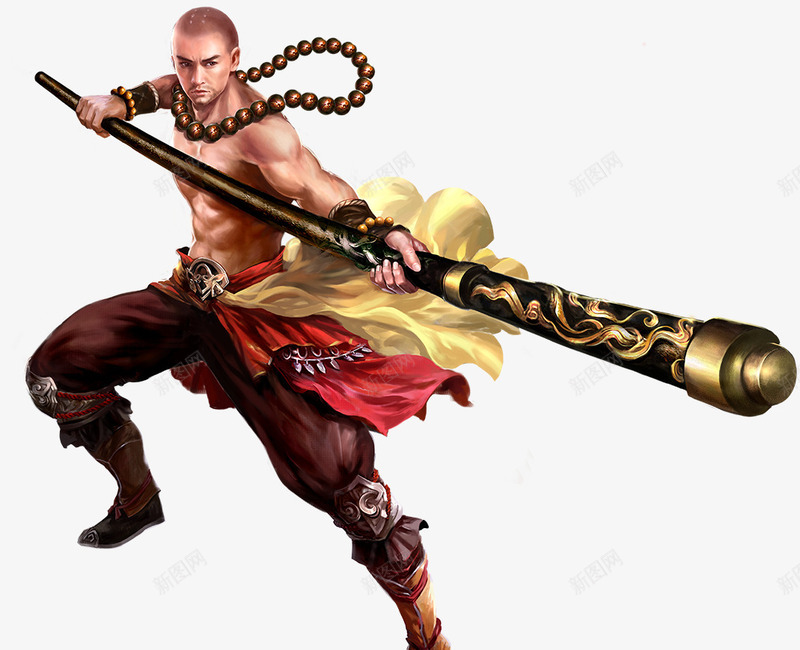 拿棍子的武僧手绘古风png免抠素材_新图网 https://ixintu.com 古风 棍子 武僧