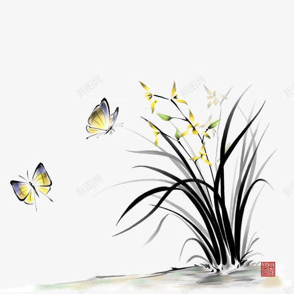 水墨画蝴蝶花草psd免抠素材_新图网 https://ixintu.com 水墨画 画室宣传单水墨画 花草 蝴蝶