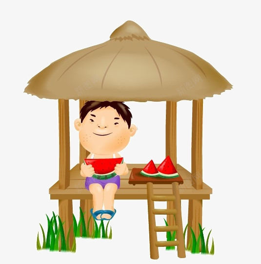 吃西瓜的男孩png免抠素材_新图网 https://ixintu.com 卡通 孩子 手绘 男孩 西瓜
