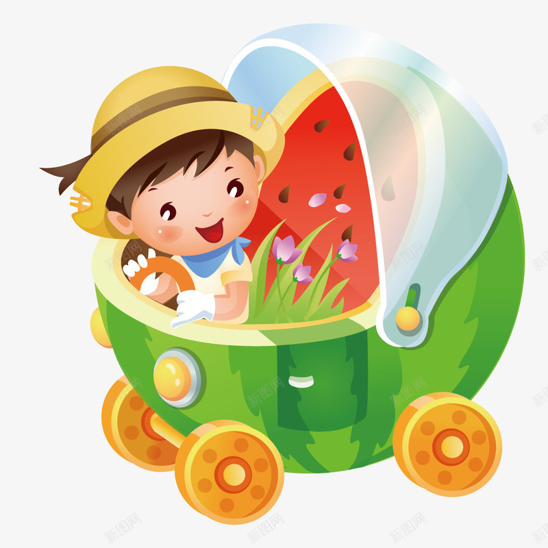驾驶着西瓜车png免抠素材_新图网 https://ixintu.com 交通工具 创意 卡通 水果 西瓜车