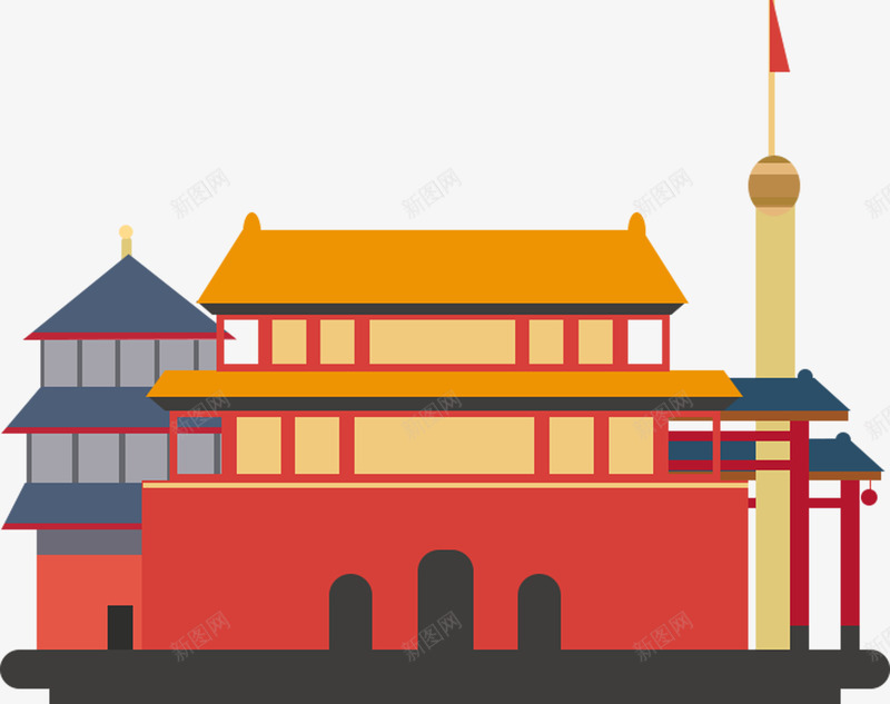 扁平化古风建筑物png免抠素材_新图网 https://ixintu.com 中国风 古代房屋 古风 古风房屋 建筑设计 扁平化 红色