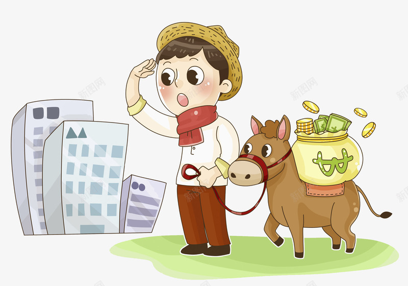 牵毛驴的小男孩png免抠素材_新图网 https://ixintu.com 卡通 商务 壁纸 封面 小男孩 彩色手绘 插图 毛驴 高楼
