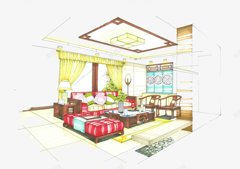 中式装修风格手绘图png免抠素材_新图网 https://ixintu.com 中式 室内装修 手绘 风格