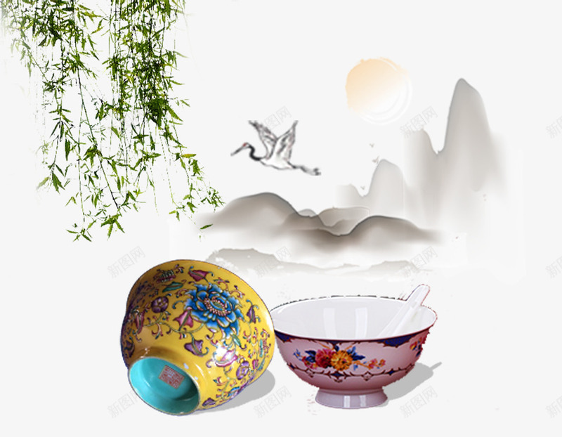 中国风陶瓷碗具psd免抠素材_新图网 https://ixintu.com 中国风 水墨画背景 碗具 陶瓷包装 飘扬的柳枝 飞翔的白鹤