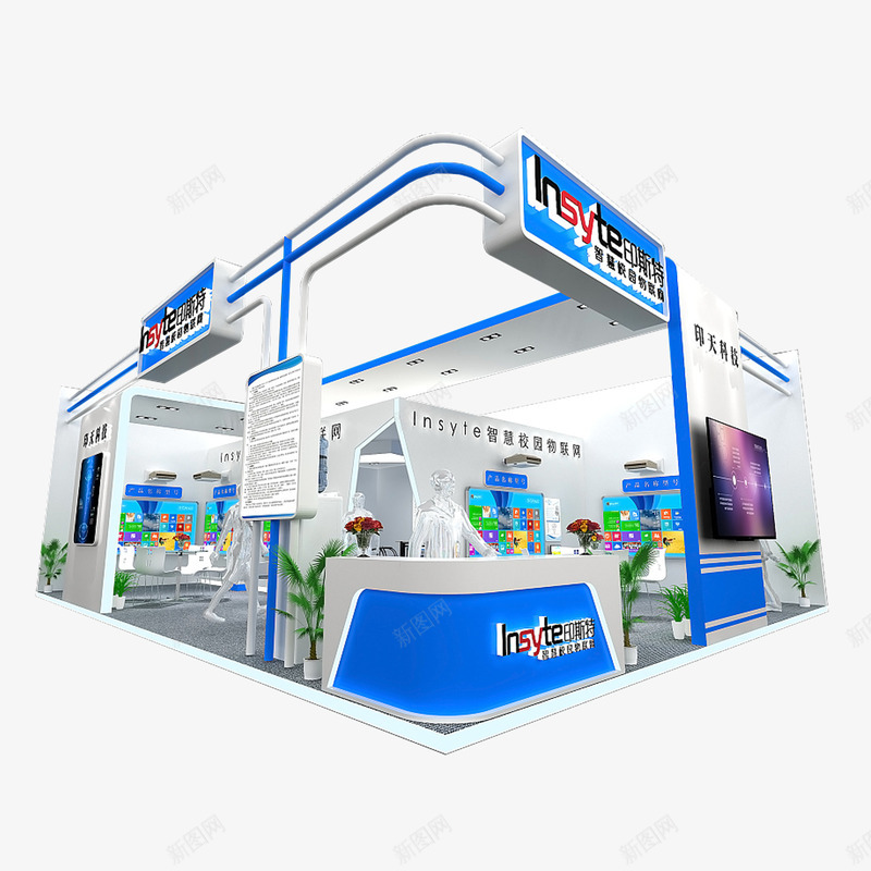3D效果图展厅psd免抠素材_新图网 https://ixintu.com 3D展厅 3D效果图 三面开口 展台设计 展览展示 桁木结合 蓝白色调
