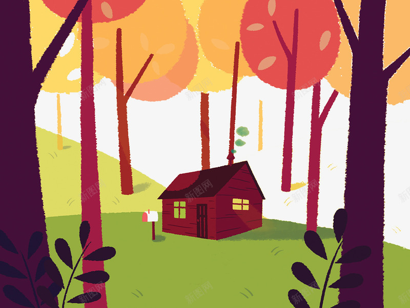 住在森林小屋的驯鹿png免抠素材_新图网 https://ixintu.com 创意设计 卡片封面 手绘插画