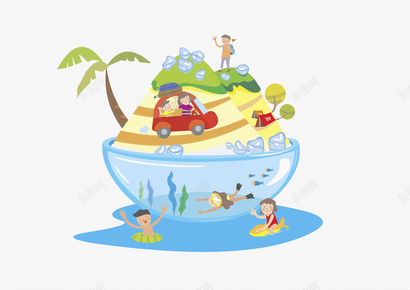 手绘悬浮岛png免抠素材_新图网 https://ixintu.com 卡通 孩子 悬浮岛 手绘 椰树 水彩 游泳 绿色 自驾游