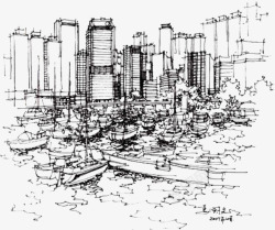 手绘香港城市建筑线稿素材