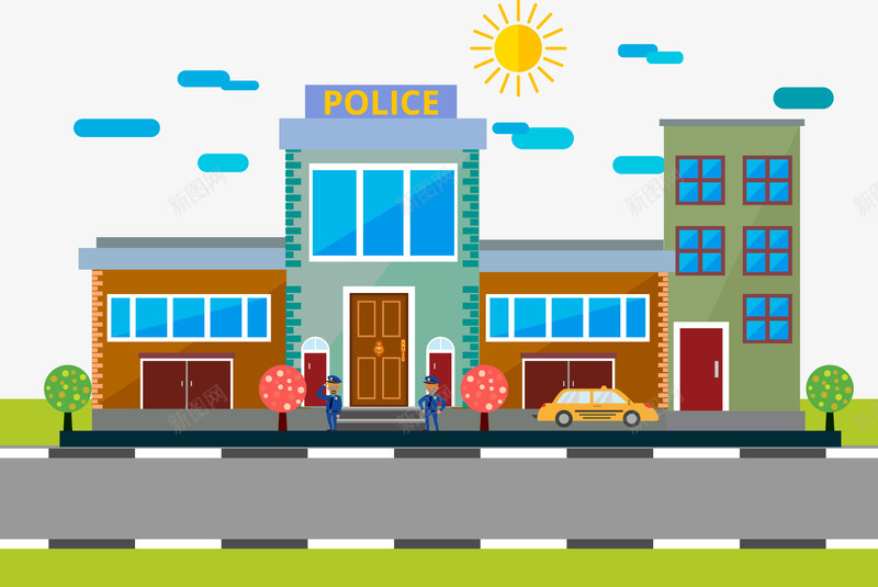 彩绘警察局png免抠素材_新图网 https://ixintu.com 公路 城市 太阳 小树 汽车 窗户 警察 警察局