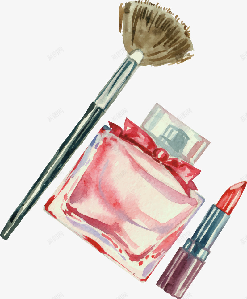 手绘化妆品png免抠素材_新图网 https://ixintu.com 化妆品 口红 彩色 手绘 腮红刷 香水