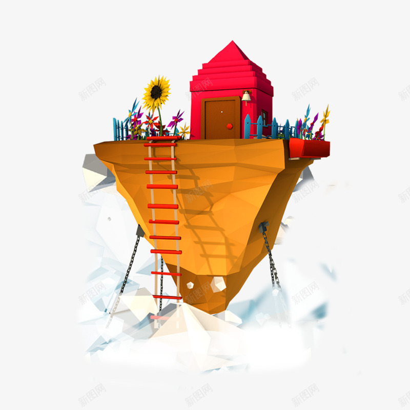 三维立体悬浮岛图png免抠素材_新图网 https://ixintu.com 3D 三维 创意 建筑 悬浮岛 房屋 梯子 立体