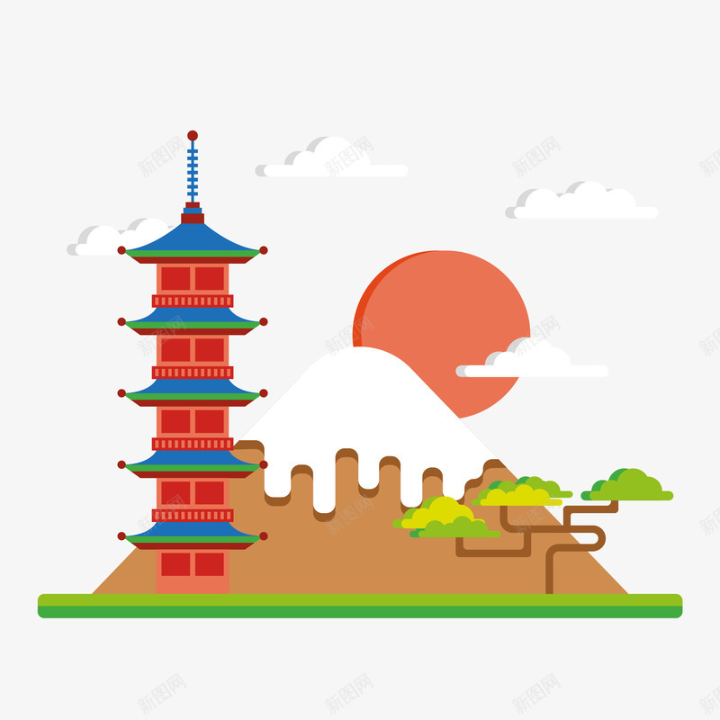 手绘日本旅行场景png免抠素材_新图网 https://ixintu.com png免抠图 创意 卡通 场景 山 手绘 旅行 时尚 景点 树
