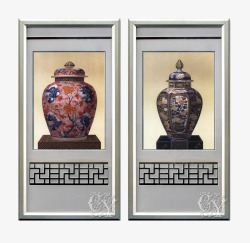 中式彩釉花瓶复古铝框装饰画素材