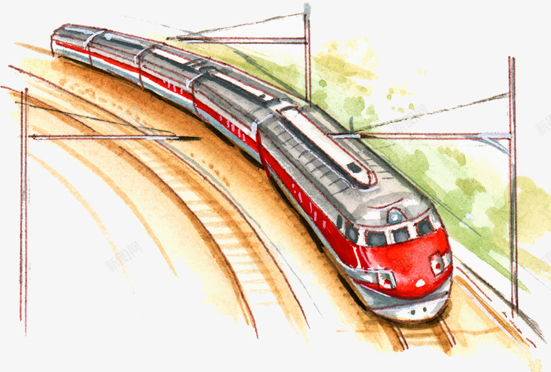 水彩风格电车psd免抠素材_新图网 https://ixintu.com 城市交通工具 水彩画 电车 铁道
