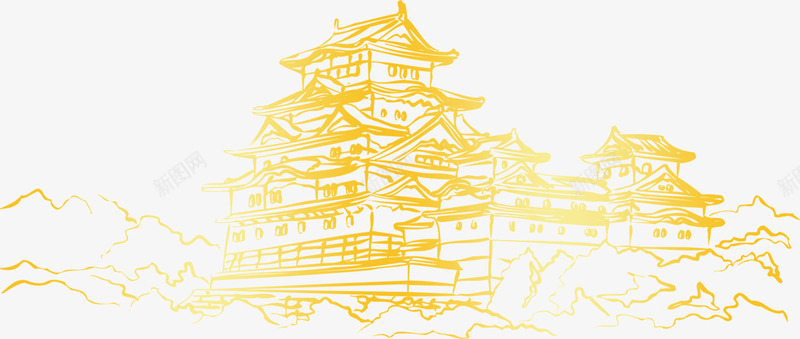 金色手绘建筑png免抠素材_新图网 https://ixintu.com 中国风 古建筑 手绘 金色