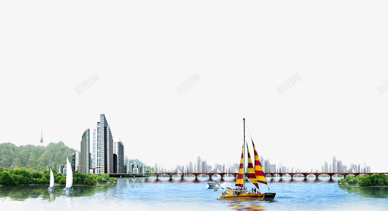 城市大桥帆船背景psd免抠素材_新图网 https://ixintu.com 帆船 建筑 桥梁 河流 都市