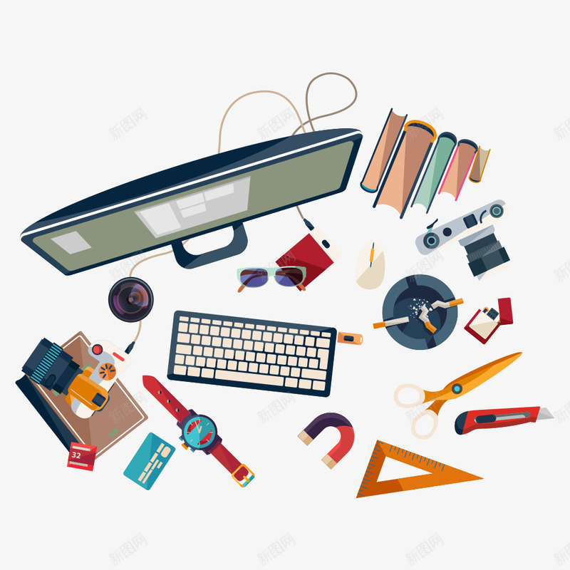 顶视图png免抠素材_新图网 https://ixintu.com 三角形 俯视 俯视图 剪刀 手表 桌面摆件 桌面陈列 桌面顶视图 笔记本电脑 键盘 顶视 顶视图