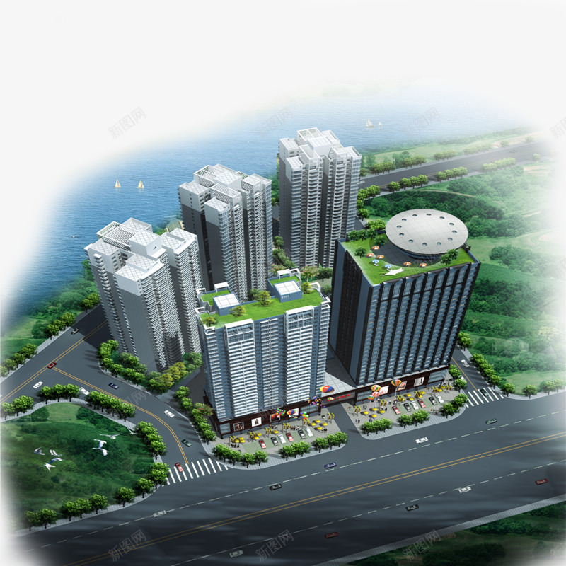 河边的一栋栋高楼大厦png免抠素材_新图网 https://ixintu.com 公路 城市 小区鸟瞰图 建筑 树木 河流 现代建筑 高楼大厦 鸟瞰图