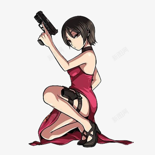 持枪美女png免抠素材_新图网 https://ixintu.com 人物 卡通 持枪 红旗袍 美女 酷