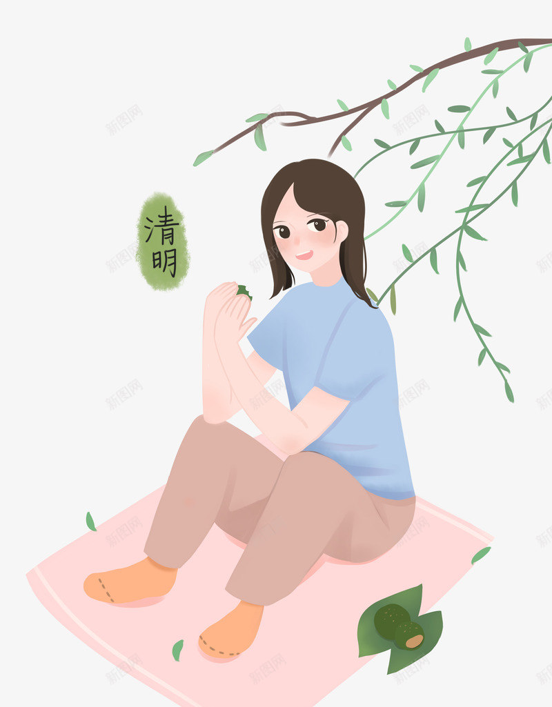 女孩柳树下吃青团png免抠素材_新图网 https://ixintu.com 中国风 传统节日 免抠下载 吃青团 复古 手绘 水墨画 清明节 祭拜 艺术字 诗词