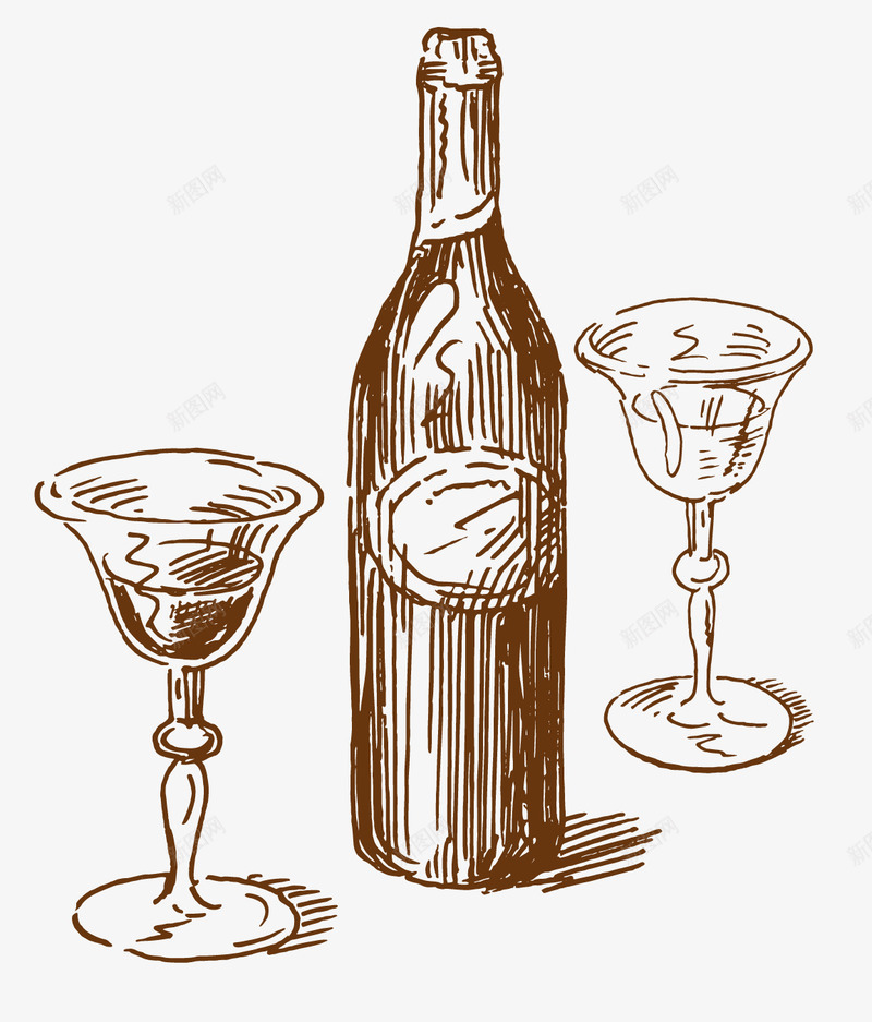手绘素描红酒png免抠素材_新图网 https://ixintu.com 手绘 插画 浪漫 海报设计 素描 红酒 酒杯 酒瓶