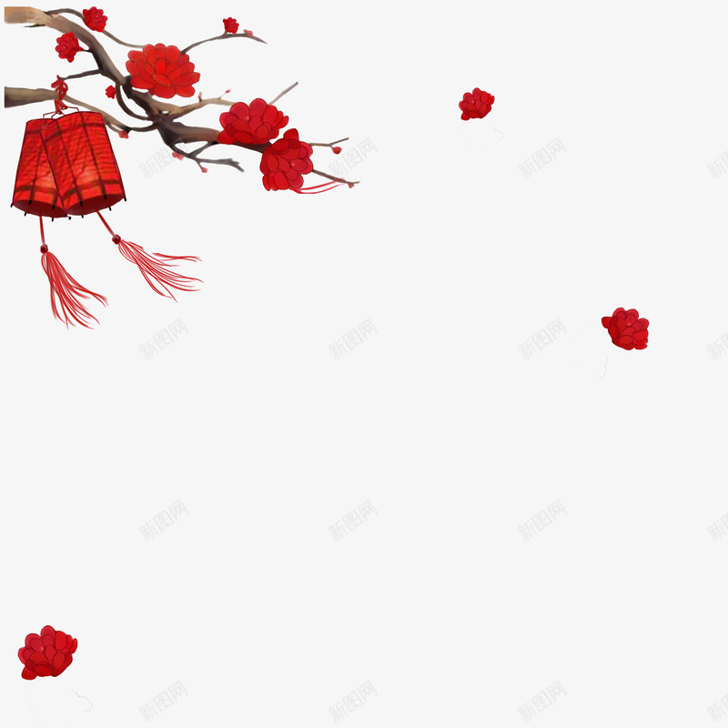 挂着红灯笼的树枝png免抠素材_新图网 https://ixintu.com 中国风 喜庆 树枝 灯笼 红色 红色花瓣 花朵