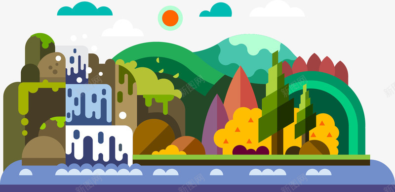 扁平化城市景色矢量图ai免抠素材_新图网 https://ixintu.com 扁平化城市景色矢量图瀑布河流树木太阳云朵 矢量图