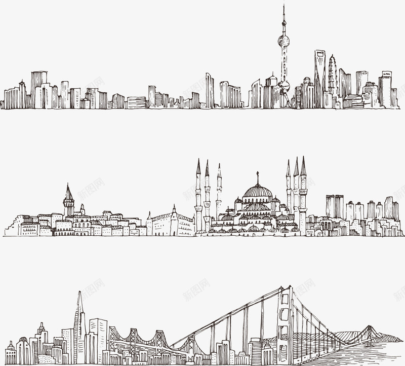 城市png免抠素材_新图网 https://ixintu.com 免费矢量下载 城市 建筑 手绘 插画 桥梁