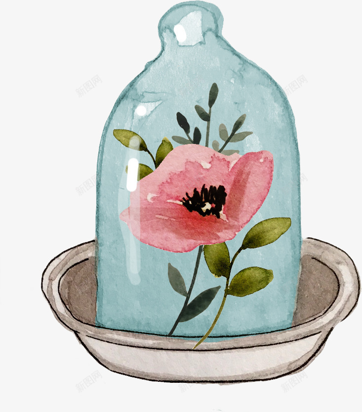 手绘卡通玻璃瓶中花卉png免抠素材_新图网 https://ixintu.com 卡通装饰 封面设计 小清新插画 广告设计 文艺风装饰图案 海报设计 玻璃瓶中花卉