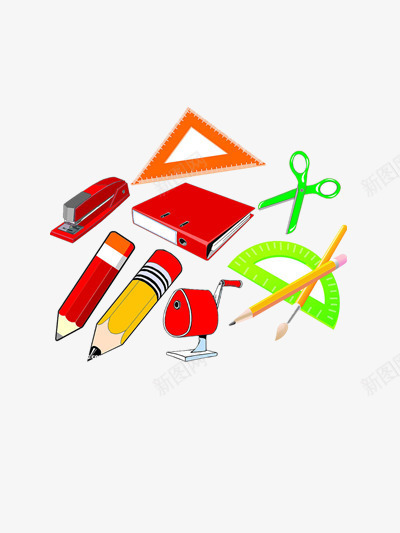 卡通文具png免抠素材_新图网 https://ixintu.com 三角尺 削笔刀 剪刀 文具套装 订书机 铅笔