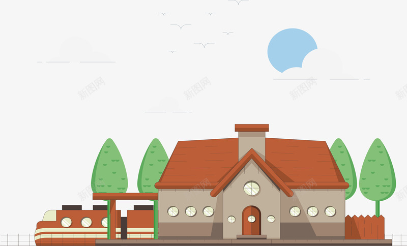 复古火车站插画矢量图ai免抠素材_新图网 https://ixintu.com Q版小火车 卡通 复古设计 火车 火车站设计 矢量图 精美 车站