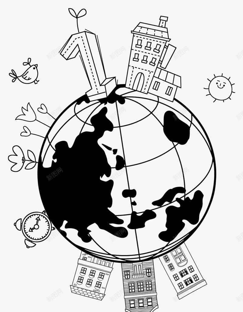 地球手绘线稿png免抠素材_新图网 https://ixintu.com 卡通 地球 建筑 手绘 黑白线稿