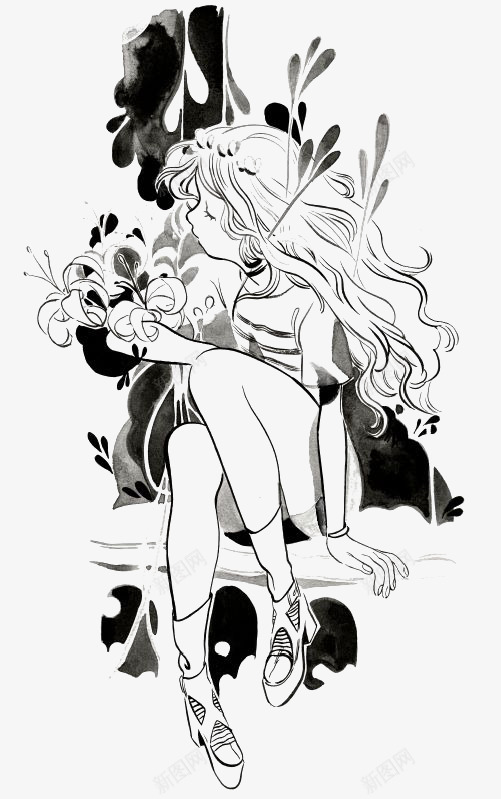 插画美少女png免抠素材_新图网 https://ixintu.com 卡通 女孩 少女 手绘 插画 梦幻 黑白