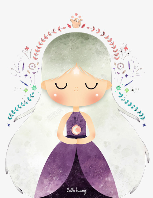 手绘白发紫裙女孩png免抠素材_新图网 https://ixintu.com 创意插画设计 卡通贺卡封面 手绘插画