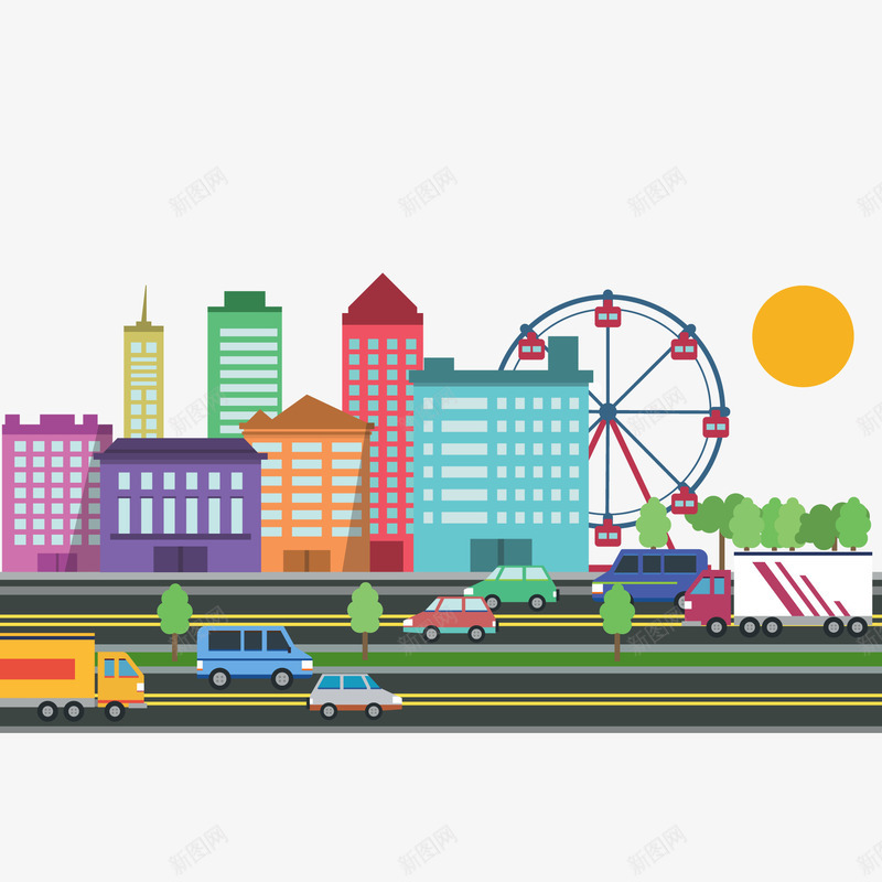 卡通城市风景矢量图ai免抠素材_新图网 https://ixintu.com 交通 卡通 城市风景 彩色 房屋 楼房 矢量图 魅力城市
