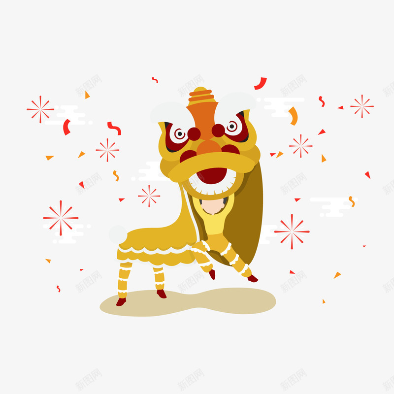卡通新年舞狮图png免抠素材_新图网 https://ixintu.com 卡通 新年 春节 礼花 精美 舞狮装饰 节日