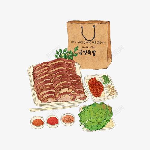烤鸭腿手绘画片png免抠素材_新图网 https://ixintu.com 包装袋 手绘美食 烤鸭 生菜 肉片 辣椒 鸭腿