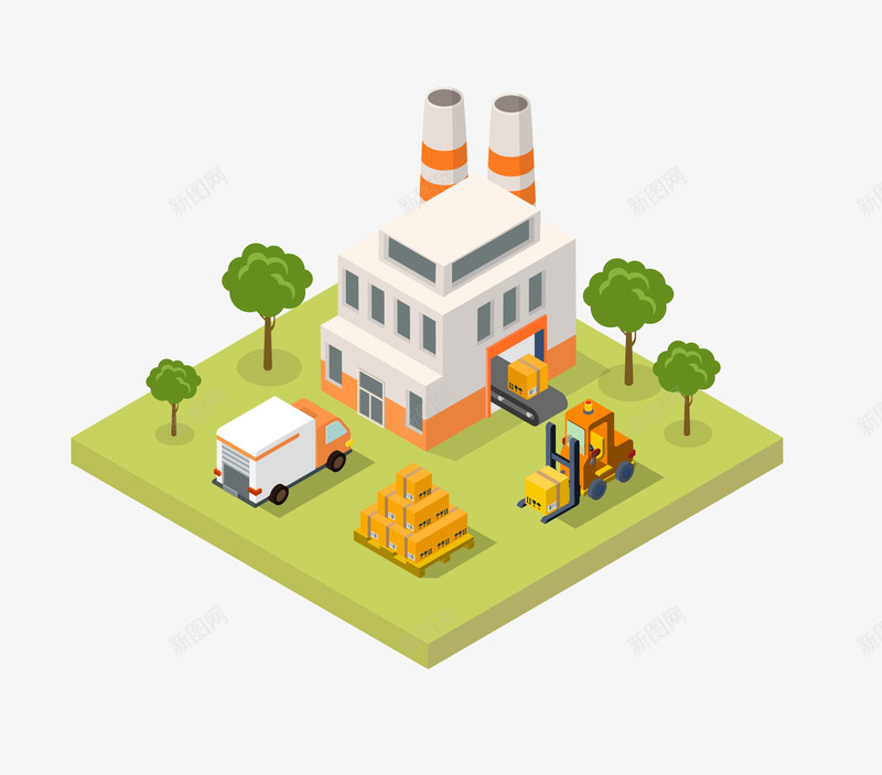 卡通版的厂房建筑png免抠素材_新图网 https://ixintu.com 卡通房屋 厂房 叉车 小树 建筑物 房屋 效果图 汽车