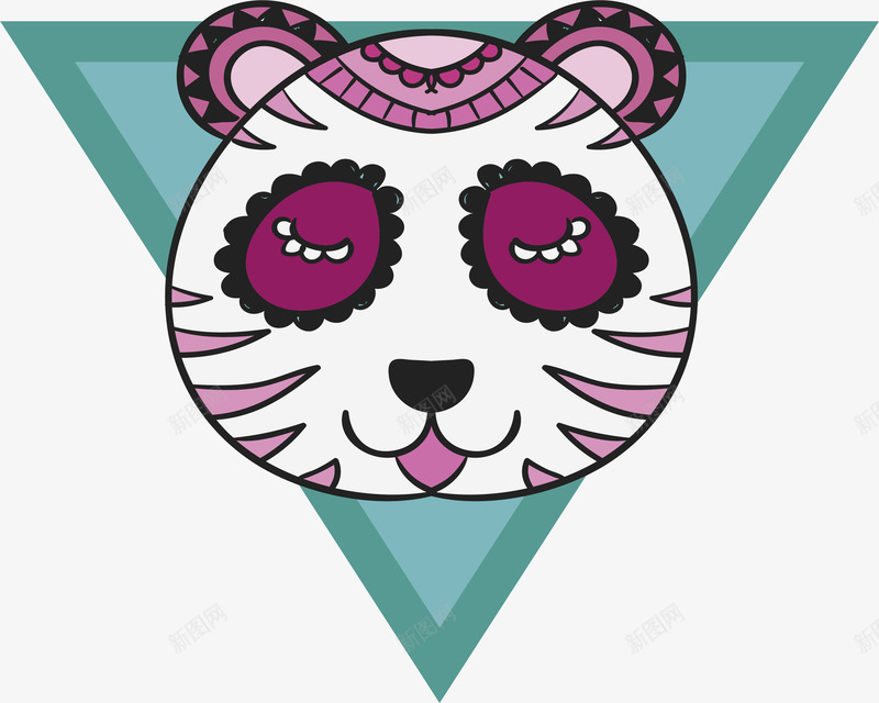 玫红花纹熊猫头像png免抠素材_新图网 https://ixintu.com 三角边框 复古花纹 手绘熊猫 民族风 熊猫头像 矢量png