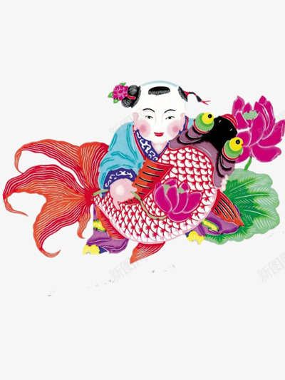 中国年画png免抠素材_新图网 https://ixintu.com 中国风 吉祥年画 喜庆 大头娃娃 年年有余 年画图片