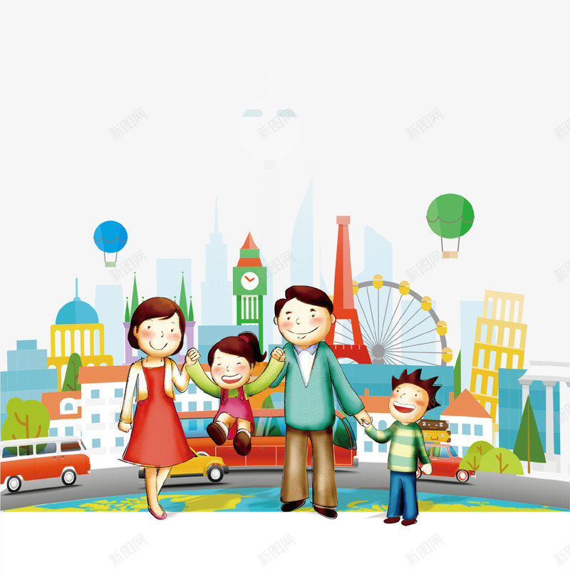 卡通手绘欢乐家庭亲子游插画png免抠素材_新图网 https://ixintu.com 亲子游 卡通手绘 城市 家庭 插画 汽车 街道