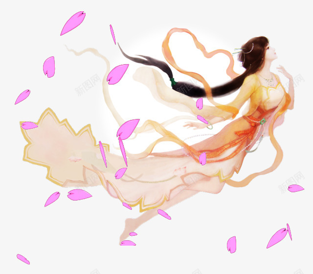 手绘飞舞的美女png免抠素材_新图网 https://ixintu.com 古装 美女 花瓣 飞舞的美女