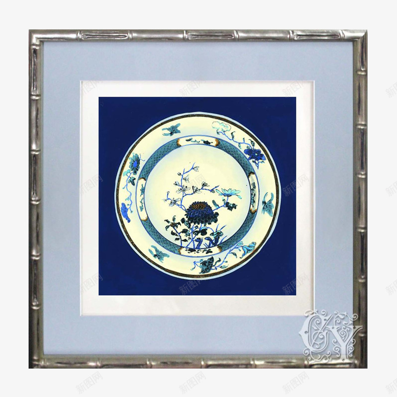 莲花青花瓷盘金属竹节外框壁画装png免抠素材_新图网 https://ixintu.com 中式壁画 莲花青花瓷瓷盘 金属竹节外框