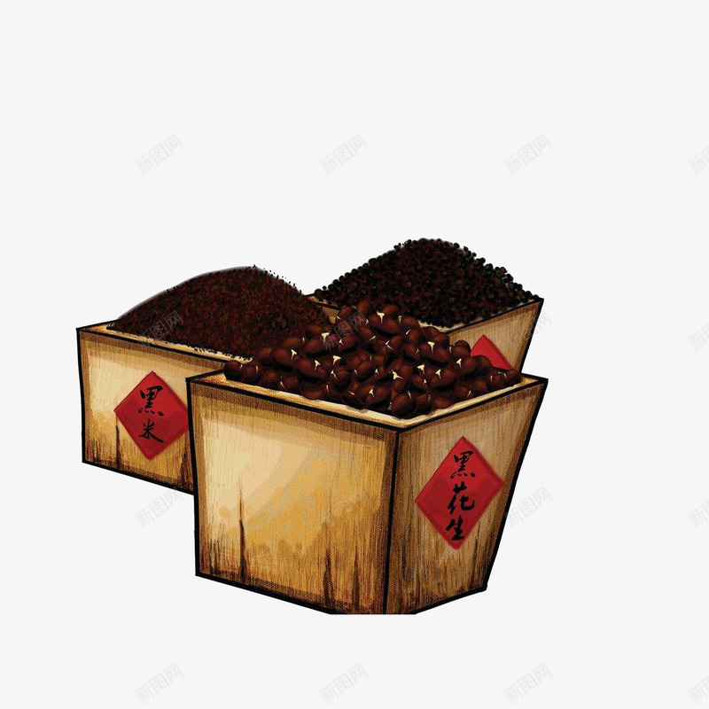 手绘五谷杂粮png免抠素材_新图网 https://ixintu.com 古旧木桶 复古手绘 手绘五谷杂粮 黑米 黑花生